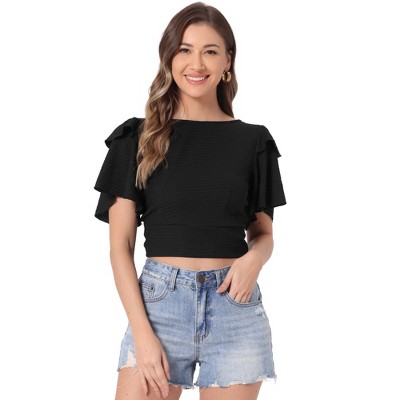 INSPIRE CHIC Women's Backless Cropped Flared Short Sleeve Blouse Tie Back Top