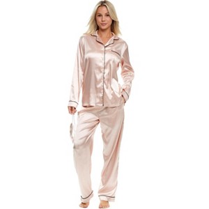 ADR Women's Satin Pajamas Set, Button Down Long Sleeve Top and Pants with Pockets, Silk like PJs with Matching Sleep Mask - 1 of 4