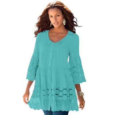 Roaman's Women's Plus Size Illusion Lace Big Shirt - 26 W, Vibrant Turq ...
