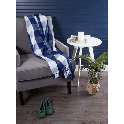 Navy and Off-White Buffalo Check Cotton Throw Blanket