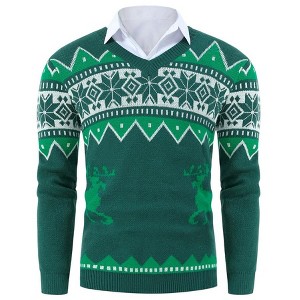 Men's Christmas Sweaters Holiday Reindeer Snowflakes V Neck Jumpers - 1 of 4