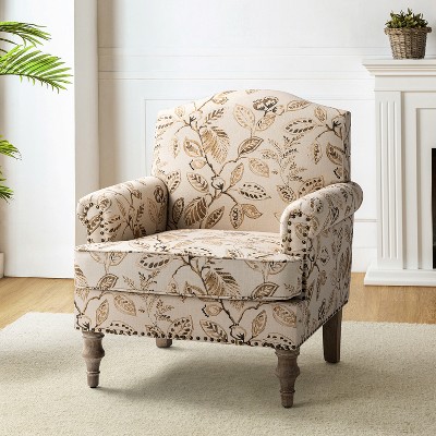 Yahweh Wooden Upholstered  Floral Pattern Design Armchair with Panel Arms and Camelback  | ARTFUL LIVING DESIGN