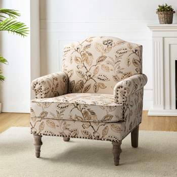 Yahweh Wooden Upholstered  Floral Pattern Design Armchair with Panel Arms and Camelback for Bedroom  | ARTFUL LIVING DESIGN