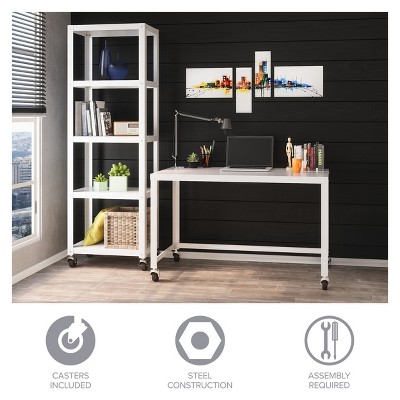 White Metal Standing Desk with Mobile Filing Cabinet
