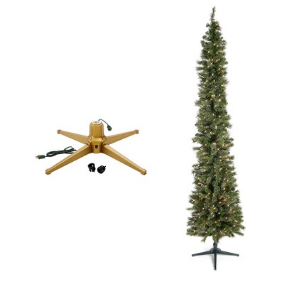Home Heritage 1-1.5" Artificial Christmas Tree Base Rotating Metal Stand w/Stanley 9' Skinny Pencil 150 Pre-Lit Clear Lights Artificial Christmas Tree