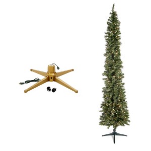 Home Heritage 1-1.5" Artificial Christmas Tree Base Rotating Metal Stand w/Stanley 9' Skinny Pencil 150 Pre-Lit Clear Lights Artificial Christmas Tree - 1 of 4