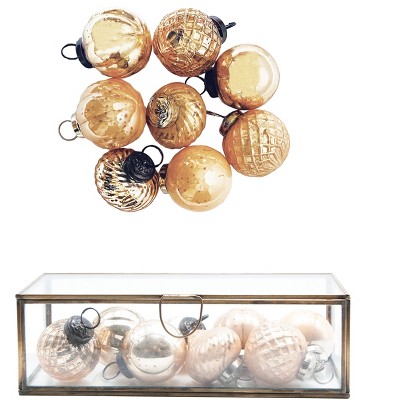 Storied Home Embossed Mercury Glass Ornaments in Brass and Glass Display Box, Antique Gold Finish and Blush