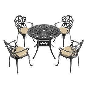 Gulches 5-Piece Cast Aluminum Patio Furniture Set Weather-Resistant Outdoor Dining Set with Off-White Cushions, Carved Design & Anti-Slip Foot Pads - 1 of 4