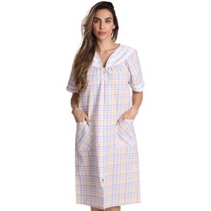 Dreamcrest Womens Short Sleeve Duster, Seersucker Plaid Housecoat/Women Sleepwear Zip Front Nightgown - 1 of 3