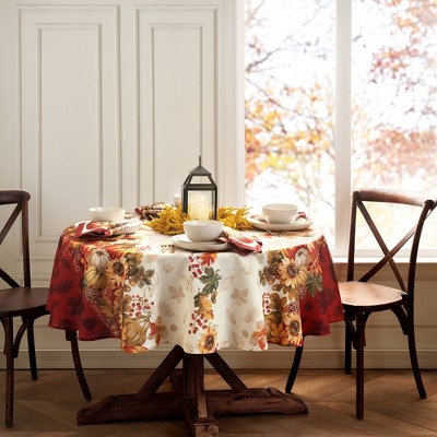 Elrene Swaying Leaves Bordered Fall Tablecloth - Red/White - Elrene Home Fashions