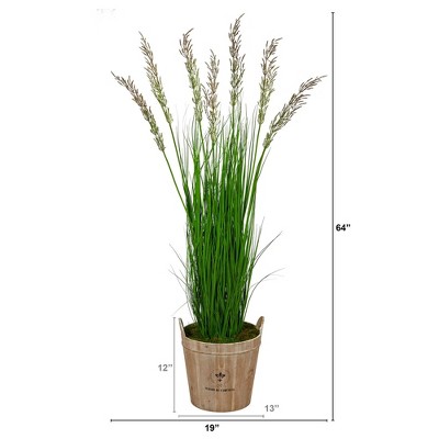Tall Green Artificial Wheat Grass in Rustic Wooden Planter