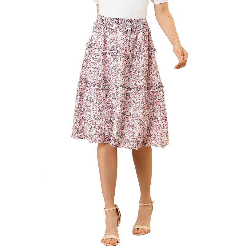 Allegra K Women's Floral Print Smocked Elastic Waist Knee Length Flowy Tiered Ruffle Skirt, 1 of 7