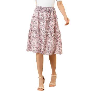 Allegra K Women's Floral Print Smocked Elastic Waist Knee Length Flowy Tiered Ruffle Skirt