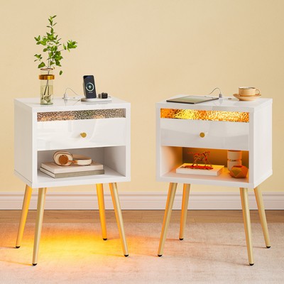 Pinmoco Set of 2 LED Nightstands, Bedside Tables with Charging Station & Drawer