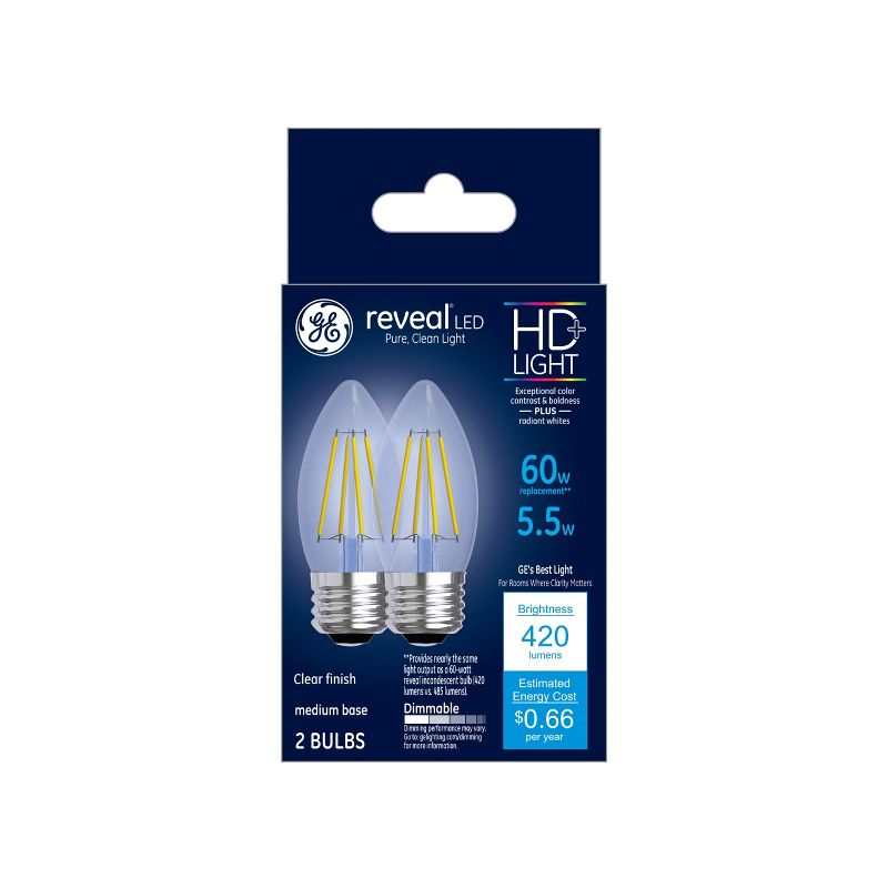 GE 2pk 5W 60W Equivalent Reveal LED HD and Decorative Light Bulbs Clear, 3 of 4