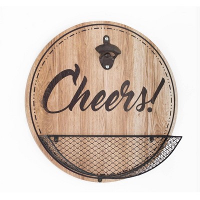 Rustic Wood Textured 'Cheers' Bottle Opener/Cap Catcher Wall Sign Panel - Crystal Art Gallery