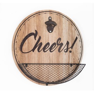 Rustic Wood Textured 'Cheers' Bottle Opener/Cap Catcher Wall Sign Panel - American Art Decor: Mesh Wire, MDF - 1 of 4