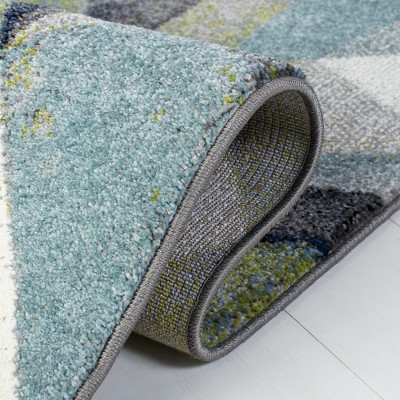 Grey and Blue Floral Round Synthetic Area Rug