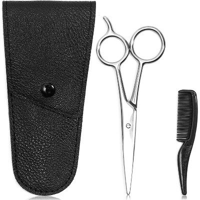 Glamlily 3 Piece Mustache Scissors and Comb Set, Black Facial Hair Kit with PU Pouch