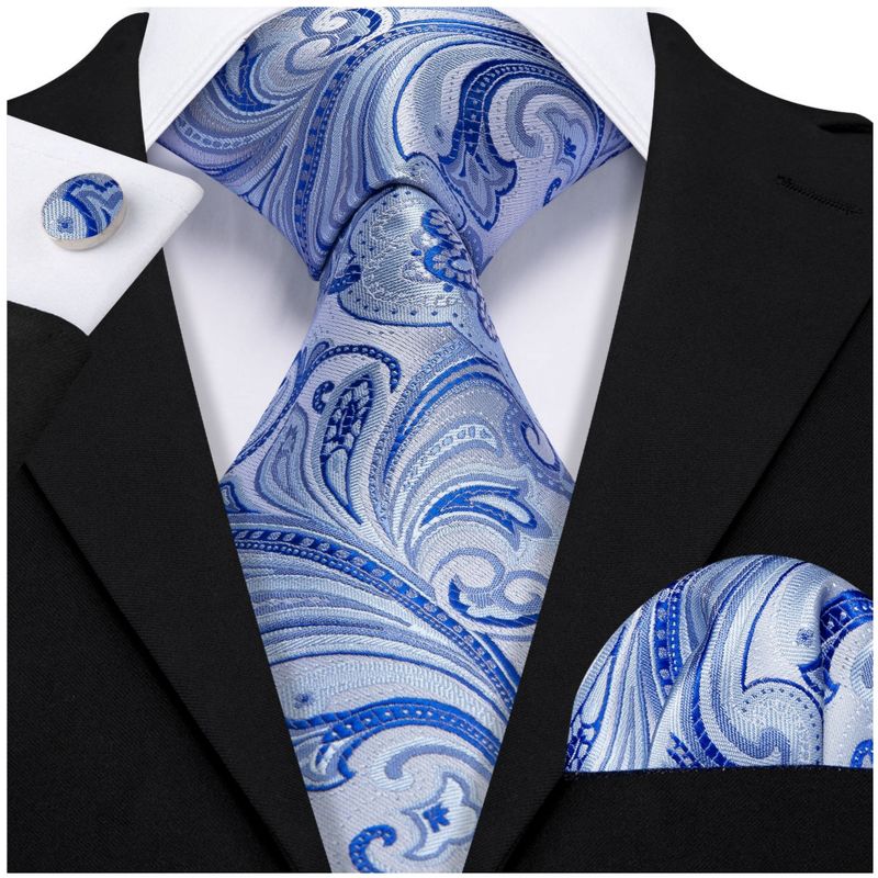 Men's Blue And Silver Paisley 100% Silk Neck Tie With Matching Hanky And Cufflinks Set, 2 of 4