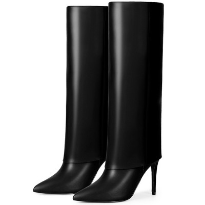 BLISSFUL STEP Women's Fold Over Pointed Toe Zipper Stiletto Heel Knee-High Boots