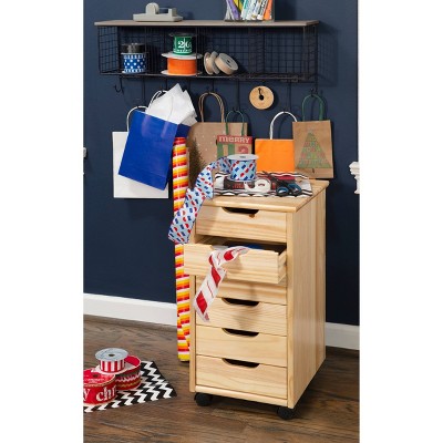 Natural Wood 6-Drawer Rolling Storage Cart