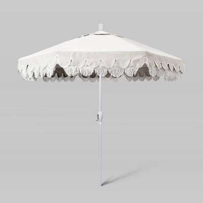 9' Sunbrella Scallop Base Fringe Market Patio Umbrella with Crank Lift - White Pole - California Umbrella