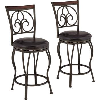 55 Downing Street Colton Metal Swivel Bar Stools Set of 2 Brown 24" High Traditional Round Cushion with Backrest Footrest for Kitchen Counter Height