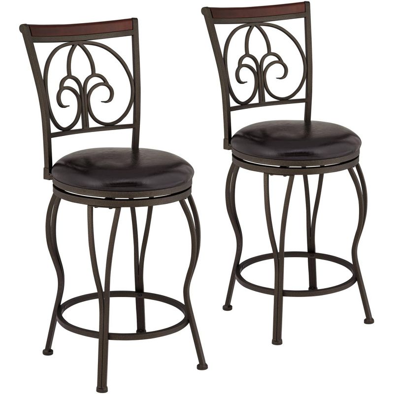 55 Downing Street Colton Metal Swivel Bar Stools Set of 2 Brown 24" High Traditional Round Cushion with Backrest Footrest for Kitchen Counter Height, 1 of 10
