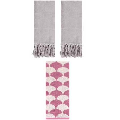 REGALWOVEN 3 Packs Geometric and Solid Absorbent Soft Cotton Hand Towel Set