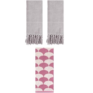 REGALWOVEN 3 Packs Geometric and Solid Absorbent Soft Cotton Hand Towel Set - 1 of 4