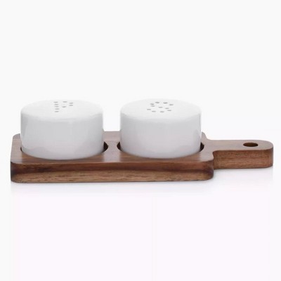 DUKA White Salt and Pepper Shakers with Wooden Paddle Tray Holder