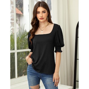 Womens Shirt Puff Sleeve Square Neck T-Shirts  Stretchy Blouse for Women - 1 of 3