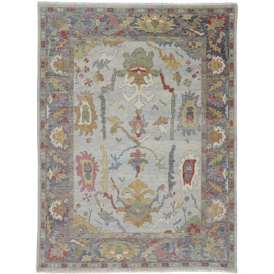 Gray Blue and Gold Wool Oriental Hand Knotted Area Rug With Fringe