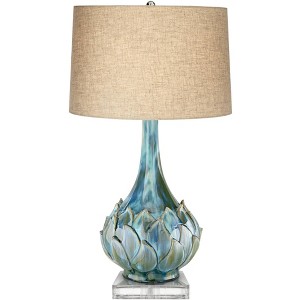 Possini Euro Design Kenya Modern Tropical Table Lamp with Riser 31" Tall Blue Green Beige Linen Drum Shade for Bedroom Living Room Bedside Nightstand - 1 of 4