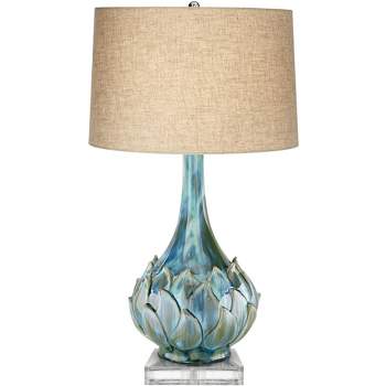 Possini Euro Design Kenya Modern Tropical Table Lamp with Riser 31" Tall Blue Green Beige Linen Drum Shade for Bedroom Living Room Bedside Nightstand