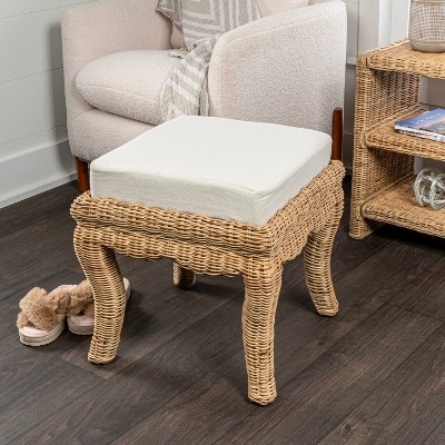 Natural Woven Rattan Vanity Stool with White Cushion
