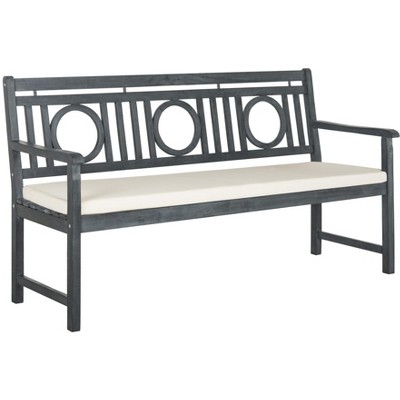 Ash Grey Beige Acacia Wood 3-Seat Bench with Cushion