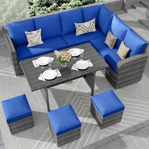 7-Piece Outdoor Patio Furniture Set – Rattan Chairs with Ottoman & Wood Coffee Table, Wicker Sectional Conversation Sofa in Beige - 1 of 4
