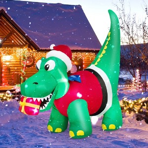 Costway 6FT Inflatable Christmas Dinosaur with LED Lights Gift Box & Blower Party Yard - 1 of 4