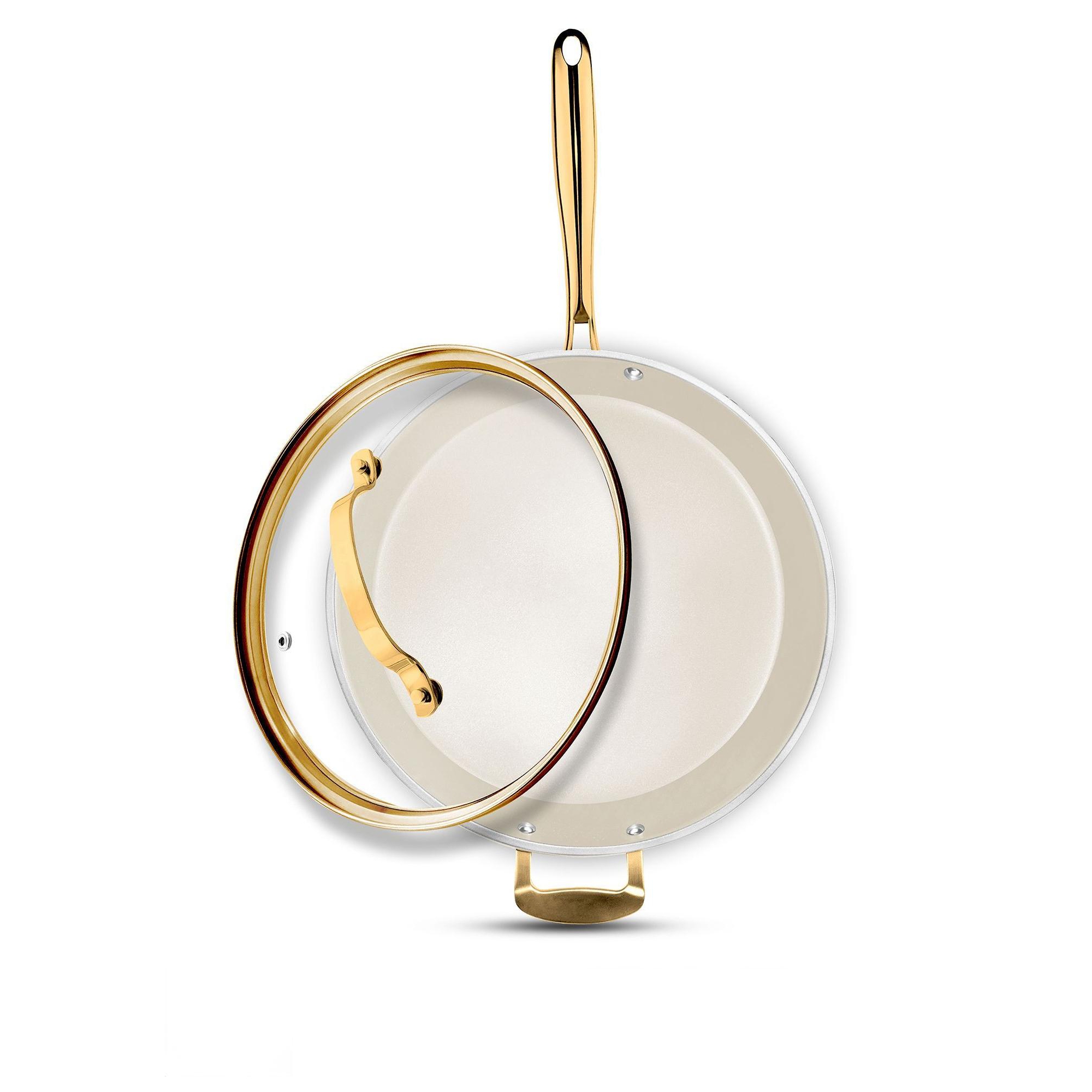 Gotham Steel Cream 14'' Ultra Nonstick Ceramic Family Pan with Lid and Gold Handles
