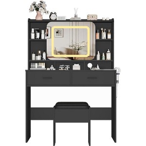 40" Vanity Table and Chair Set with Mirror, Modern Makeup Vanity Desk with 2 Drawers, Storage Shelves , White Vanity Set with Stool for Bedroom - 1 of 4