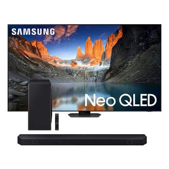 Samsung QN55QN90DA 55" 4K Neo QLED Smart TV (2024) with HW-Q800D 5.1.2-Channel Soundbar and Wireless Subwoofer.