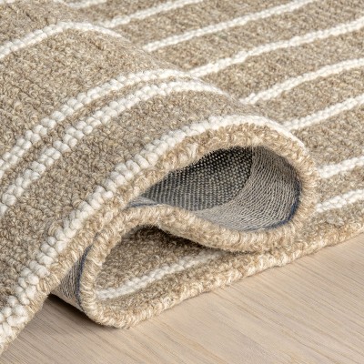 Beige and White Striped Wool 4' x 6' Area Rug