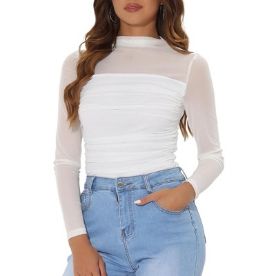 INSPIRE CHIC Women's Solid Mock Neck Mesh Sheer Long Sleeve Ruched Blouses