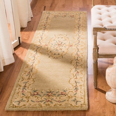 Bergama Light Green and Beige Wool Runner Rug