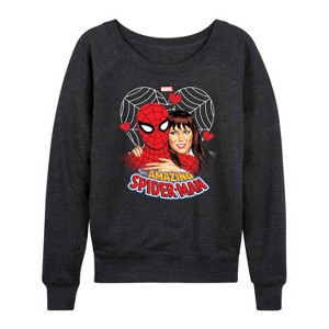 Women's - Marvel - Spider-man Mary Jane Heart Lightweight French Terry Wide Neck Long Sleeve Shirt - 1 of 4