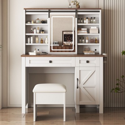 Okak Makeup Vanity Table Set with Mirror, Space Saving Dressing Table with Fold-up Panel & Storage Chair for Bedroom