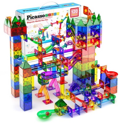 PICASSO-TILES 120 Piece Marble Run Race Track Set,  Magnetic Tiles, Building Blocks, STEM Toys for Kids 3+