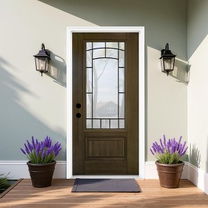 36 x 80 Smooth Fiberglass Entry Door,New Packaging Vinyl Frame,Smooth Brush Dark Brown, 3/4 View Frosted Glass - 1 of 4